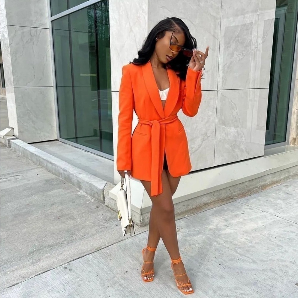 Zara Orange Belted Tuxedo Blazer & Pants Set – Blazer L / Pants XL - Picture 7 of 15
